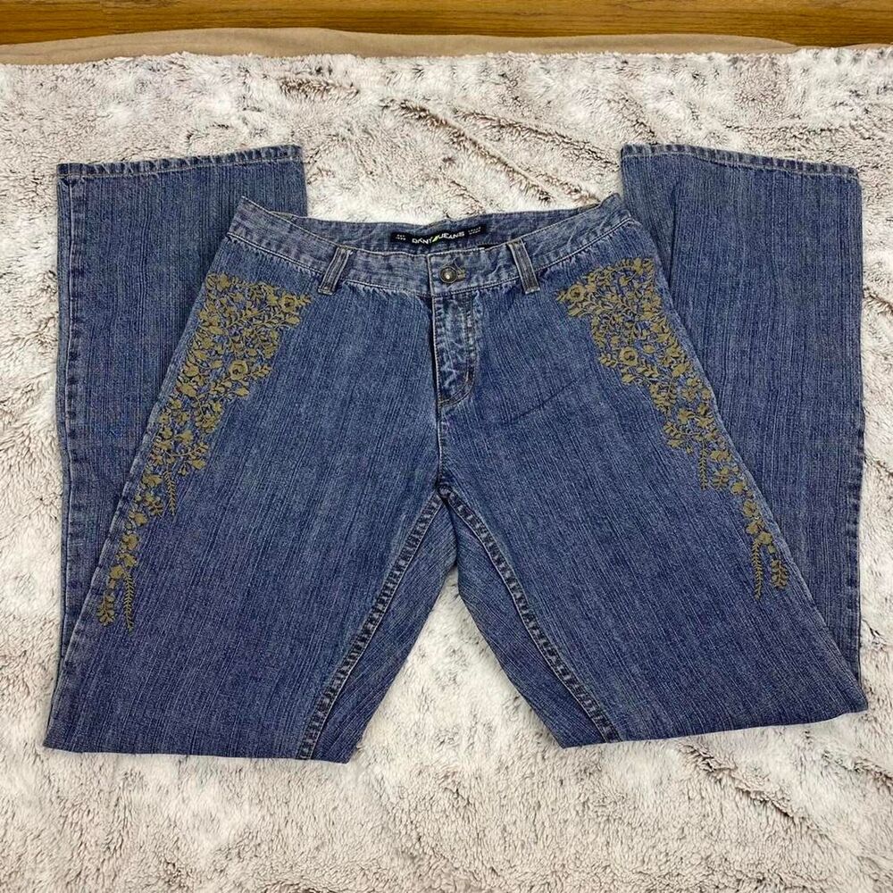 Y2K DKNY 90s low rise bootcut jeans floral embroidered boho shabby chic indie